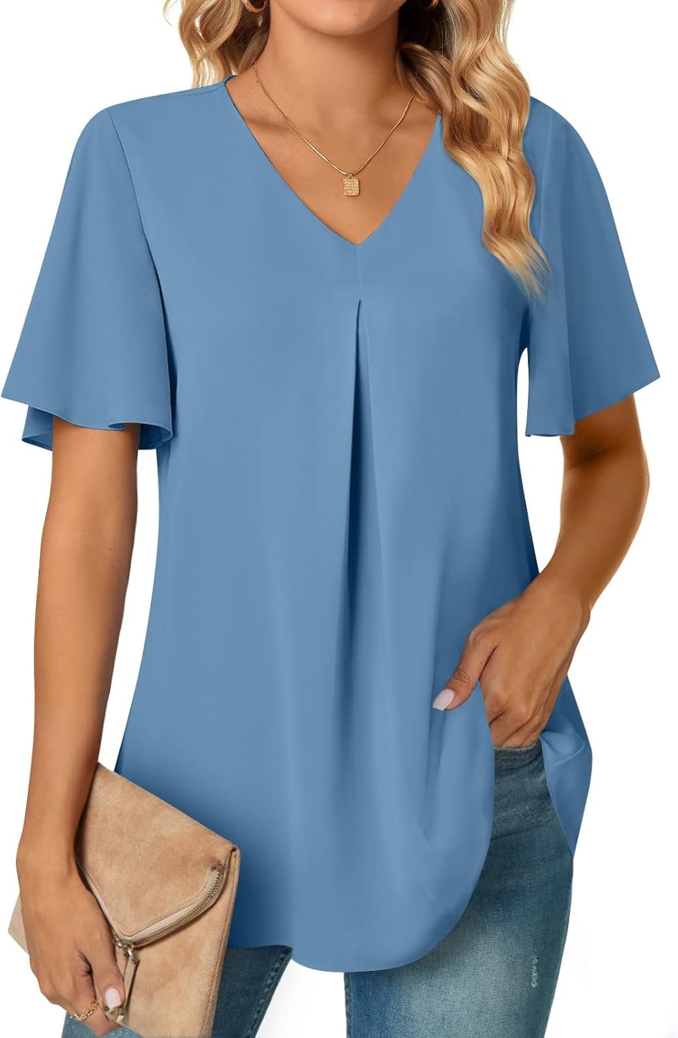 Women's Summer Dressy Chiffon Blouses V Neck Short Sleeve Tunic Tops for Leggings Casual T-Shirts - Image 2