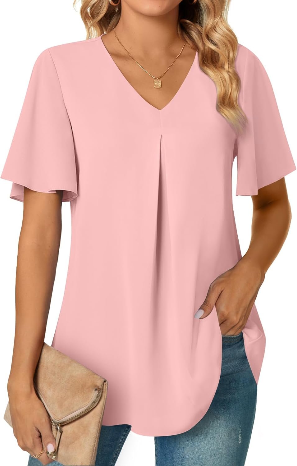 Women's Summer Dressy Chiffon Blouses V Neck Short Sleeve Tunic Tops for Leggings Casual T-Shirts - Image 2