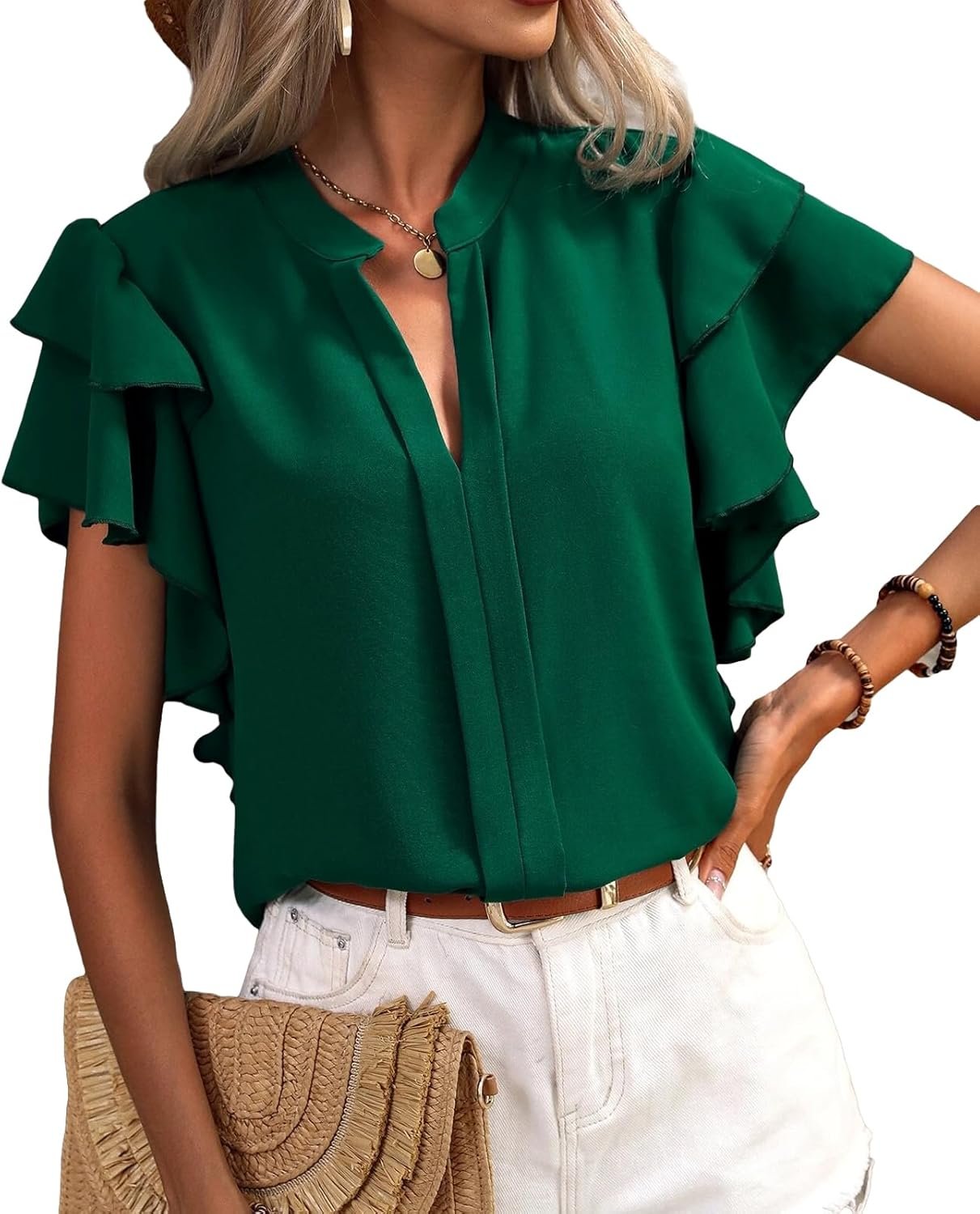 Women's Summer Chiffon Tops Trendy V Neck Curtain Ruffle Short Sleeve Shirts Dressy Casual Outfit Blouse