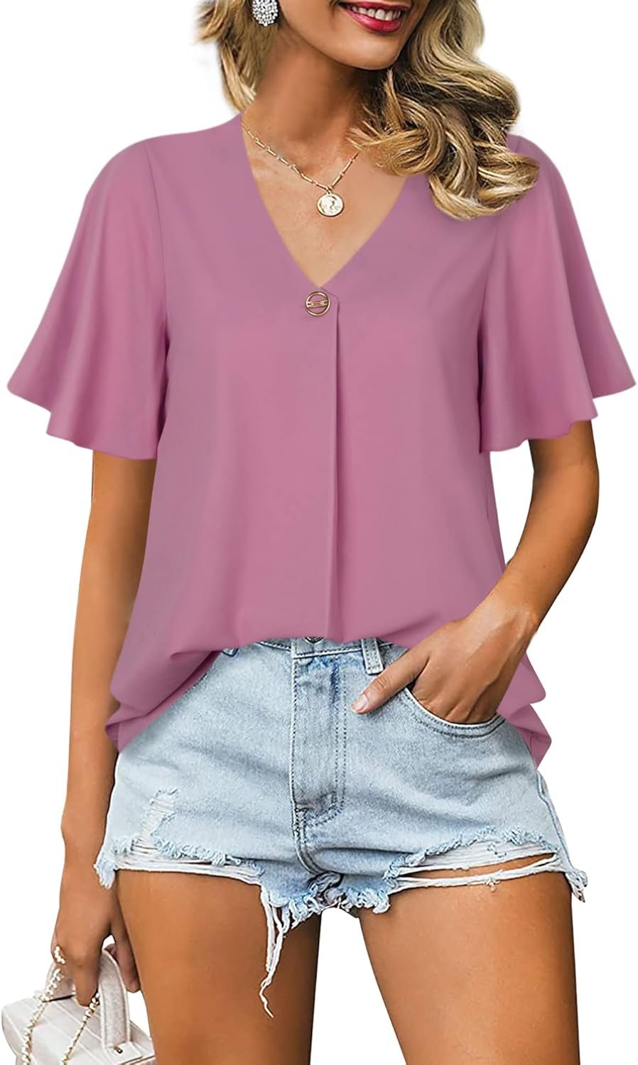 Women's Casual Summer Ruffle Sleeve V Neck Loose Fit Chiffon Blouse Tops