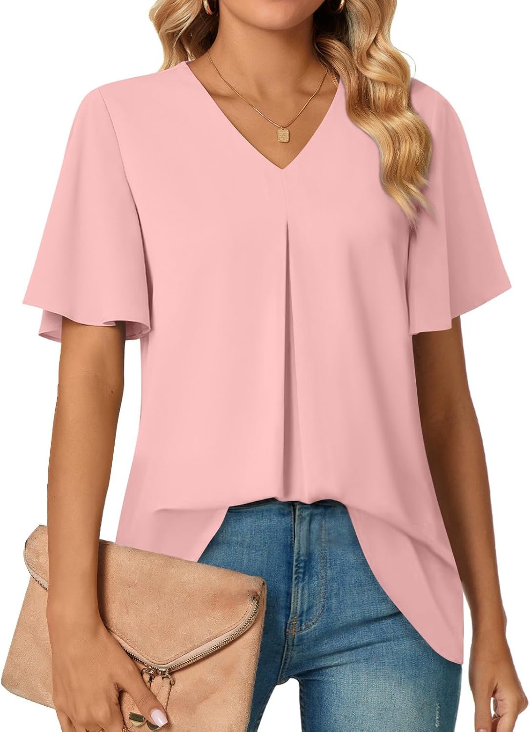 Women's Summer Dressy Chiffon Blouses V Neck Short Sleeve Tunic Tops for Leggings Casual T-Shirts