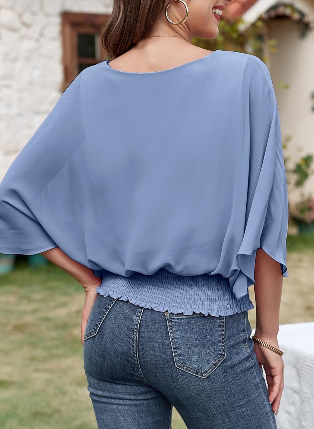 Women's Tops Dressy Casual 3/4 Sleeve Tops Crewneck Business Casual Chiffon Blouses - Image 2