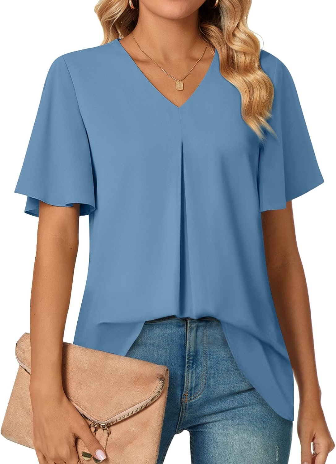 Women's Summer Dressy Chiffon Blouses V Neck Short Sleeve Tunic Tops for Leggings Casual T-Shirts