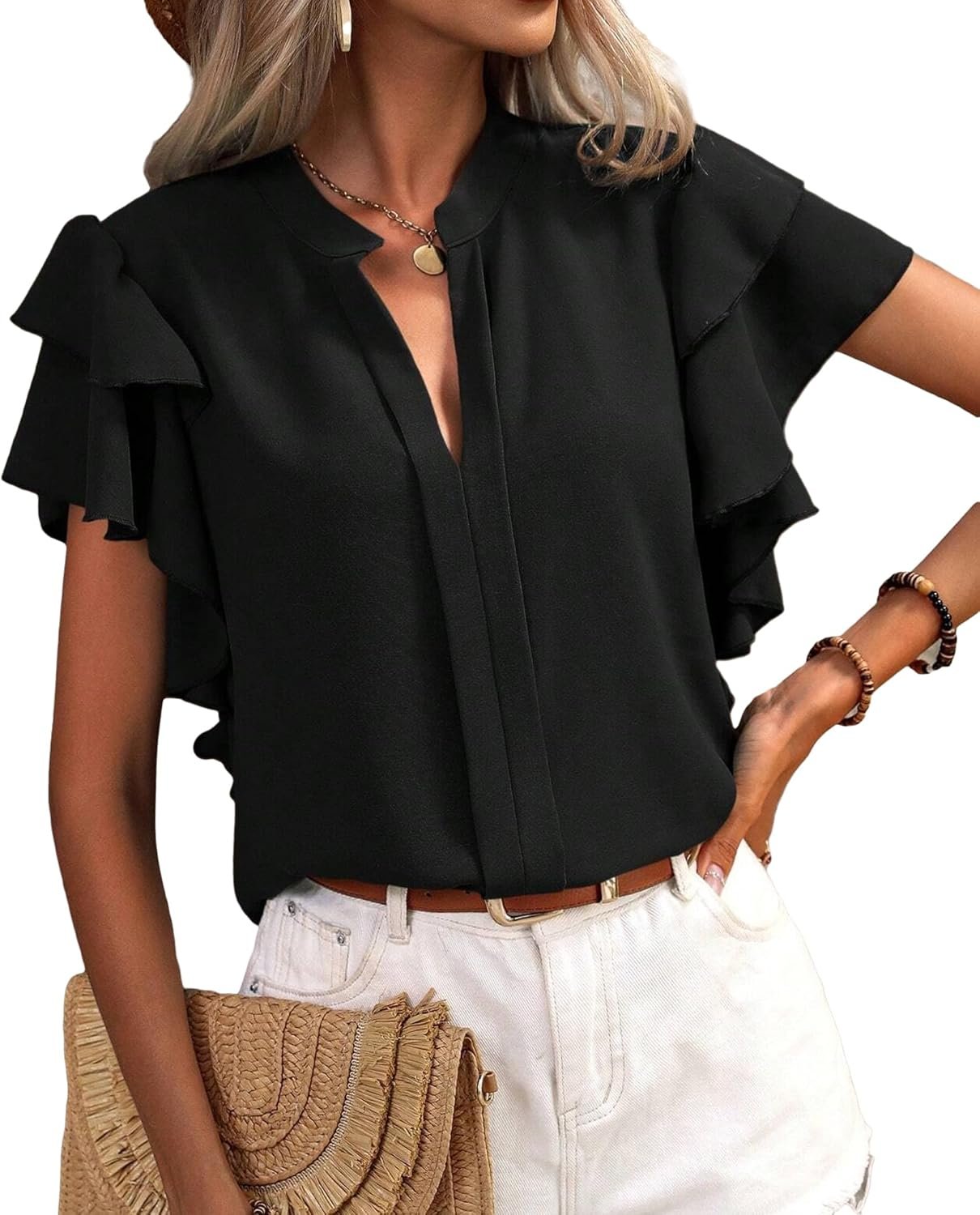 Women's Summer Chiffon Tops Trendy V Neck Curtain Ruffle Short Sleeve Shirts Dressy Casual Outfit Blouse