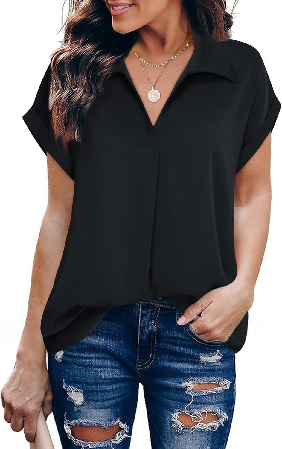 Women's Summer Work Blouse V Neck Short Sleeve Lapel Shirt Top Tunic