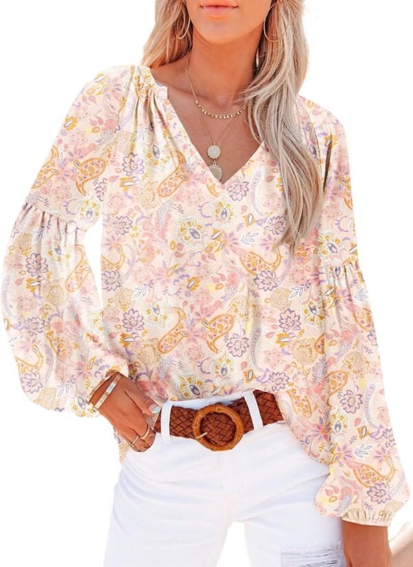 Women's Casual Boho Floral Print V Neck Long Sleeve T Shirt Blouses