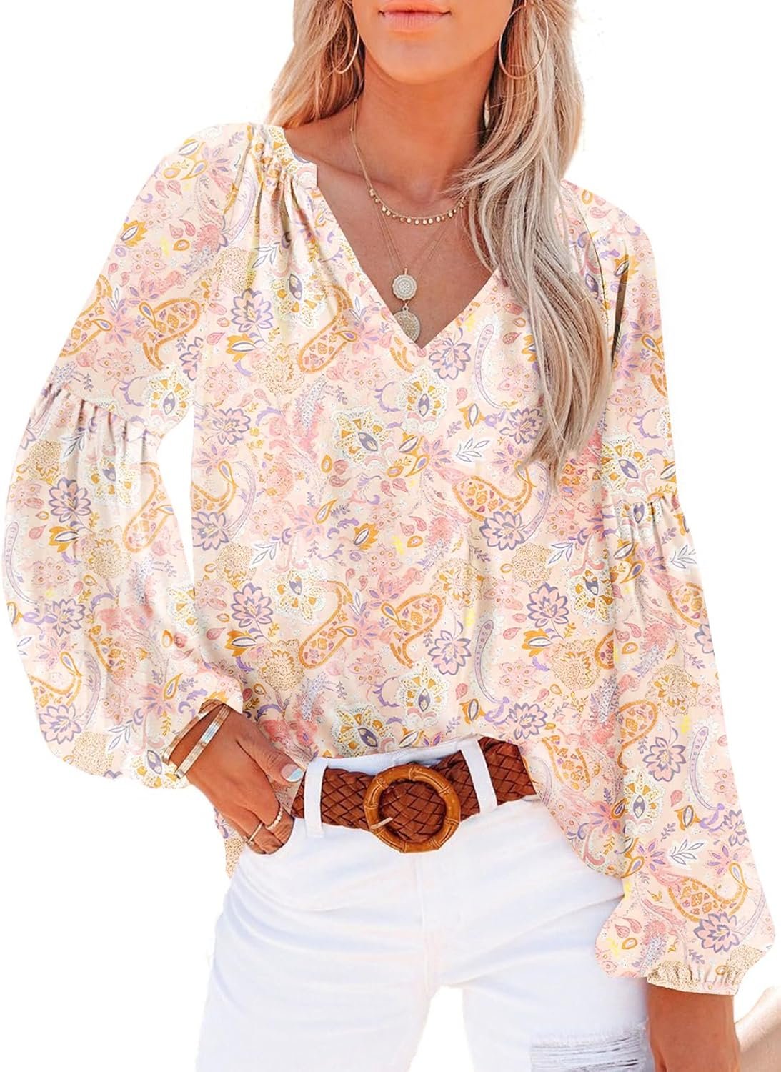 Women's Casual Boho Floral Print V Neck Long Sleeve T Shirt Blouses
