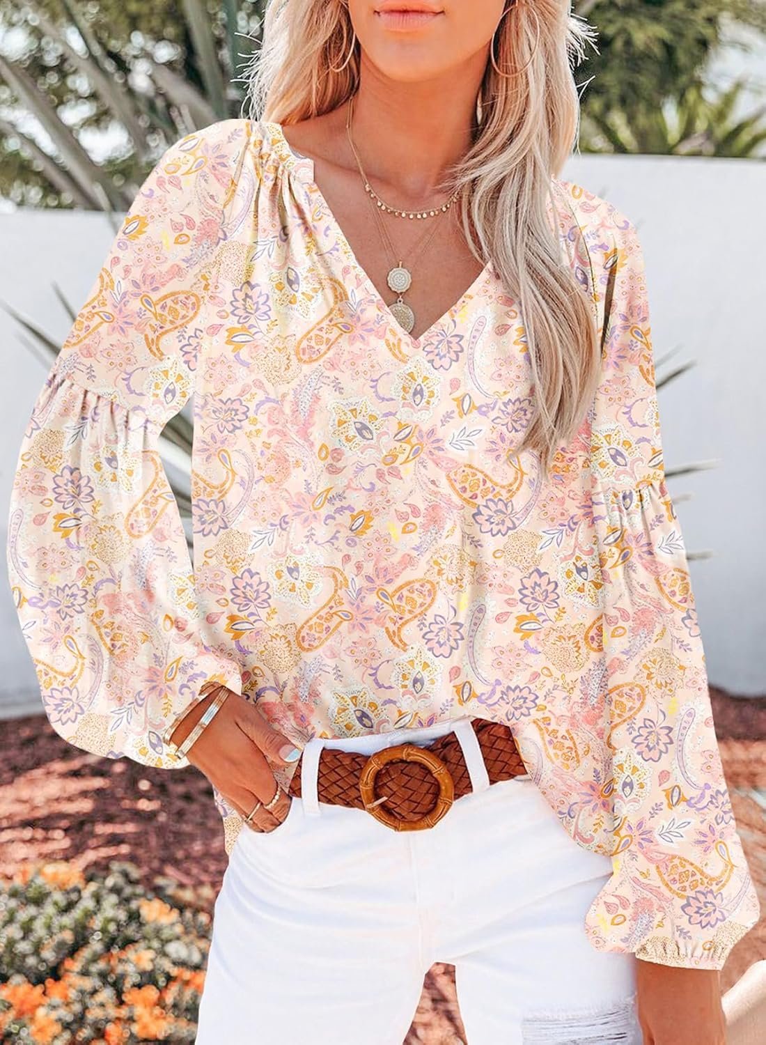 Women's Casual Boho Floral Print V Neck Long Sleeve T Shirt Blouses - Image 2