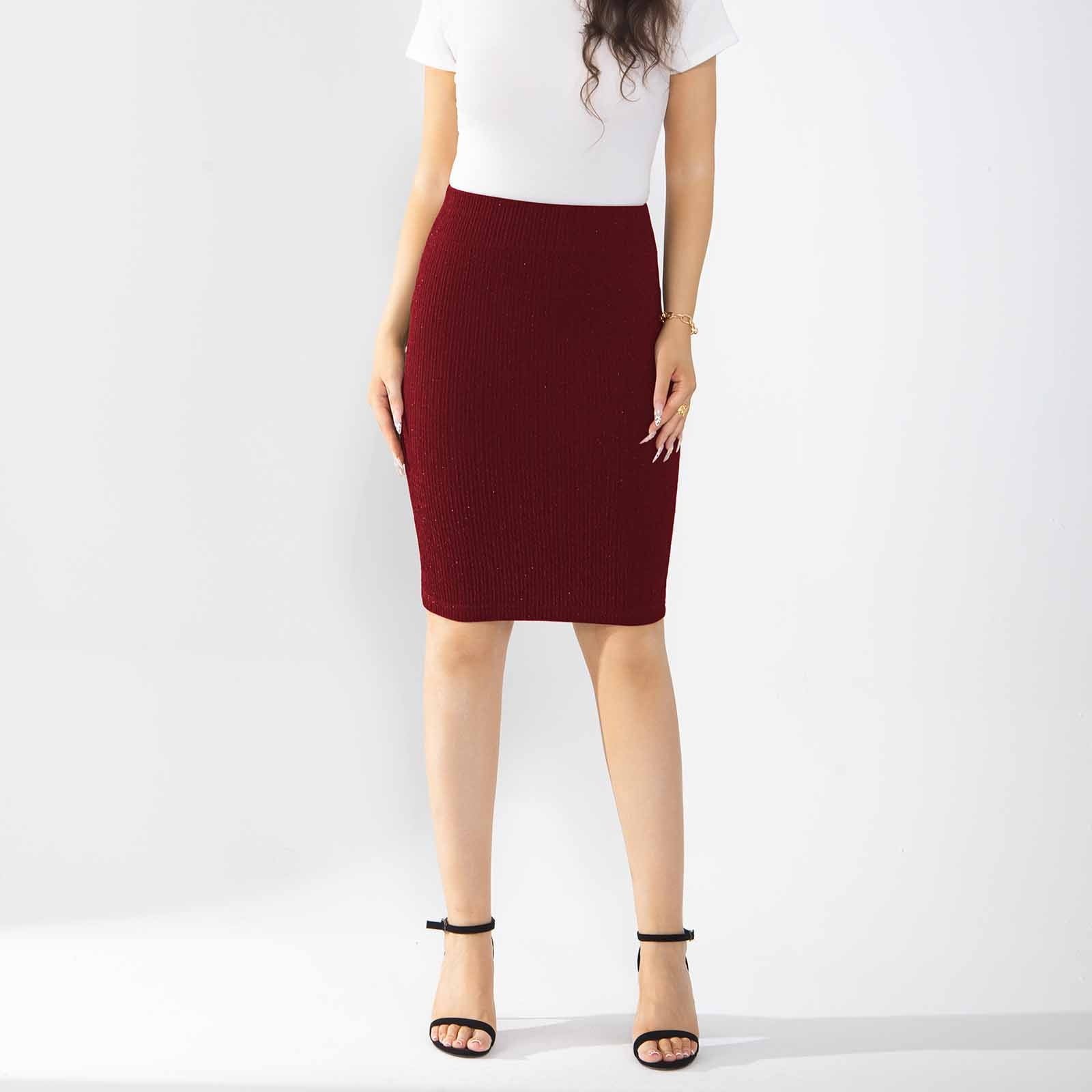 Pencil Skirts for Women High Waisted Knee Length Midi Bodycon Skirts Pull on Knit Business Work Casual Skirt Wine S - Image 2