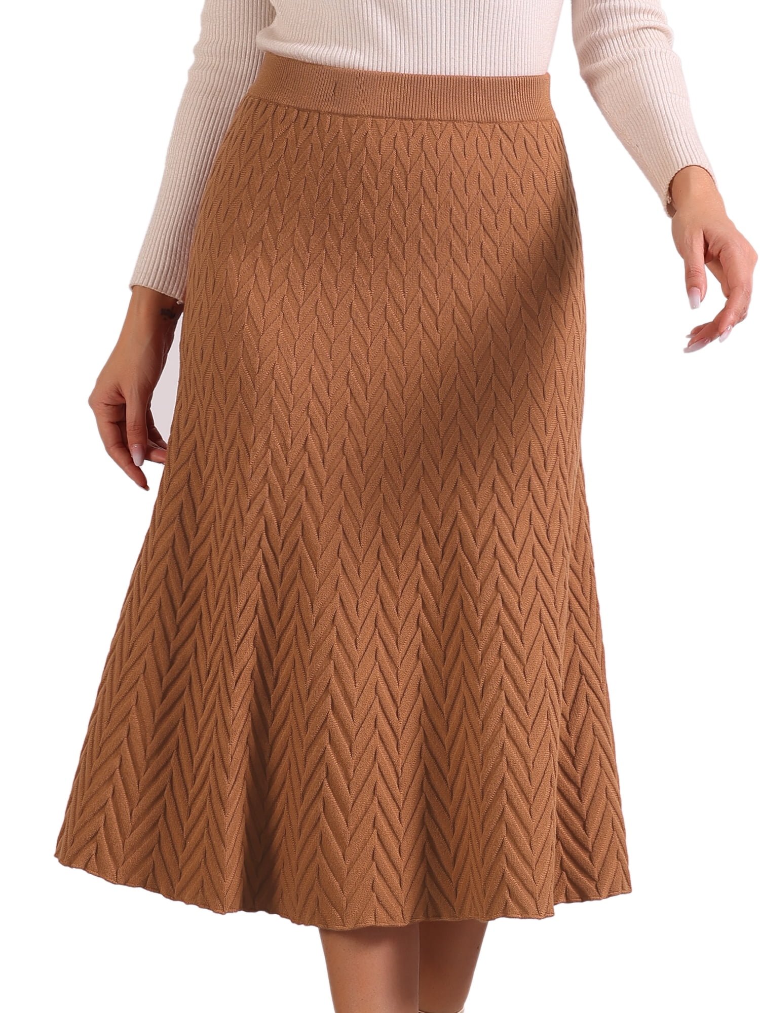 Women's High Waist Fall Stretchy Fishtail Cable Knit Midi Skirts M Camel