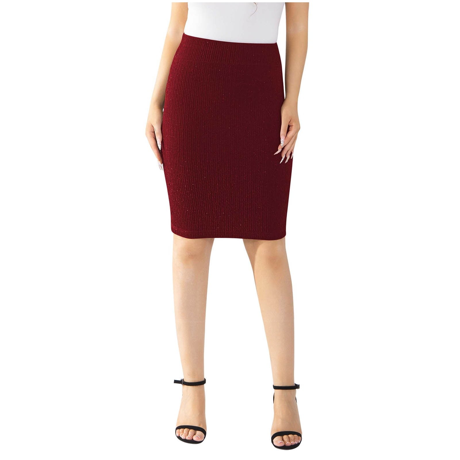 Pencil Skirts for Women High Waisted Knee Length Midi Bodycon Skirts Pull on Knit Business Work Casual Skirt Wine S