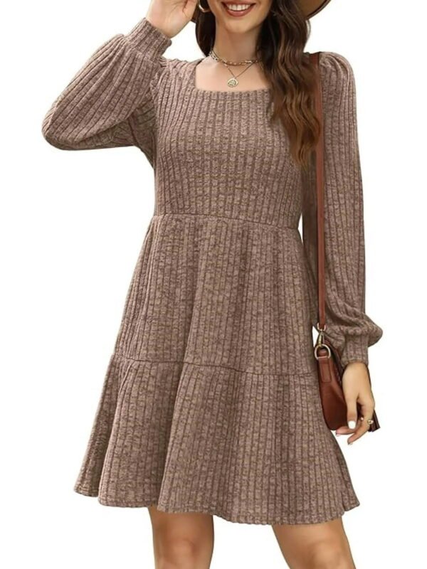 Women's Long Sleeve Sweater Dresses Square Neck Babydoll Fall Dress With Pockets S-2XL