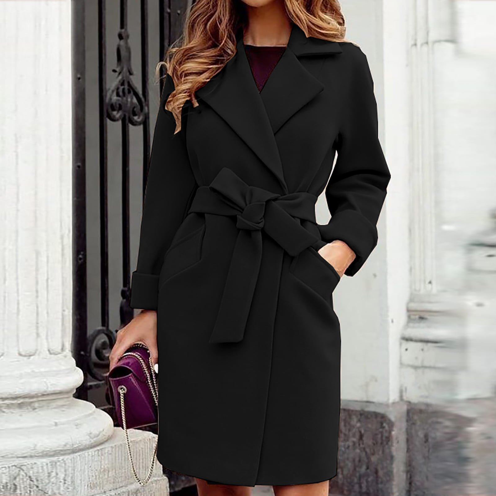 Women's Autumn and Winter Lapel Woolen Cloth Coat Trench Jacket Long Overcoat Outwear