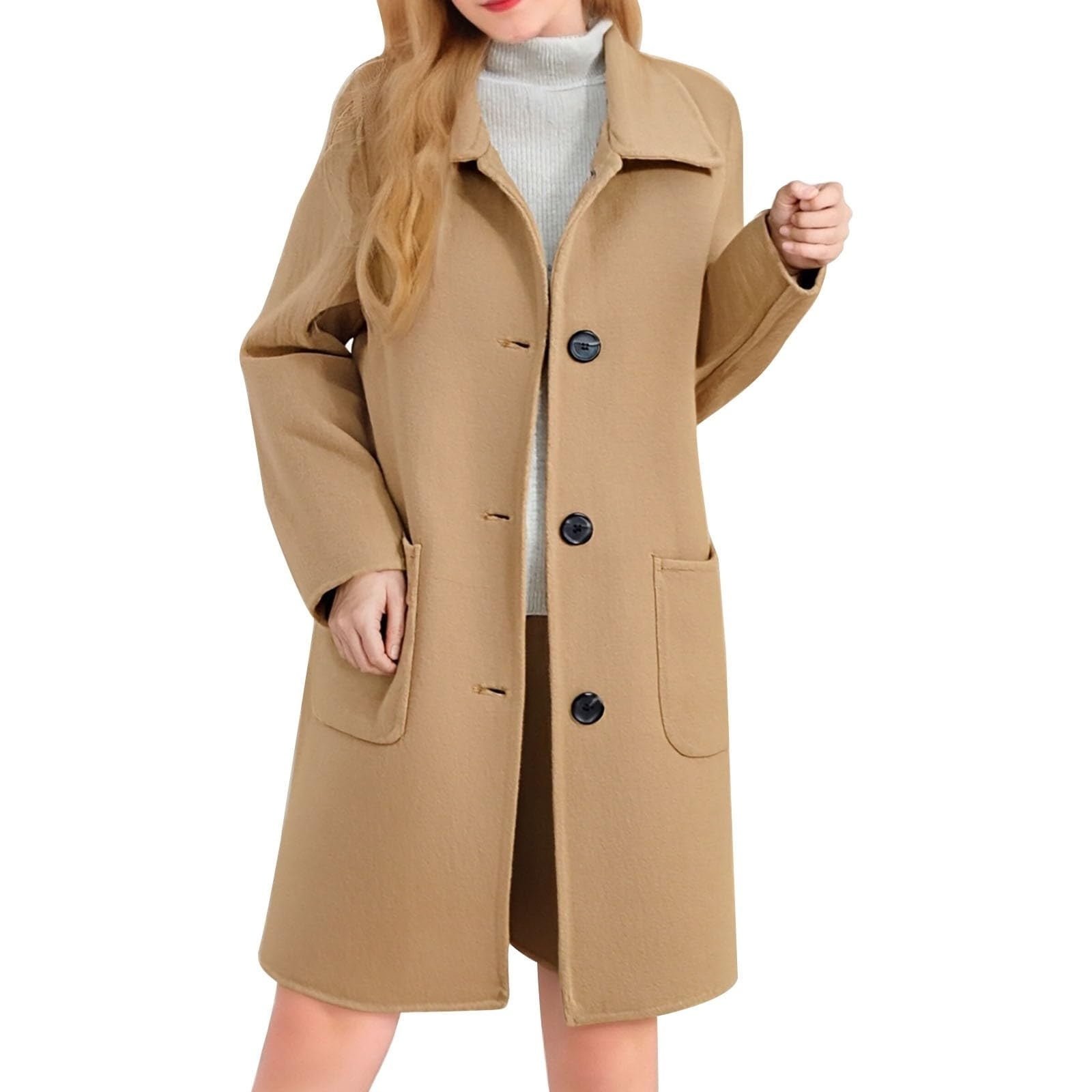 Women's Button Up Woolen Coat Mid Length Classic Style Outerwear for Autumn and Winter White