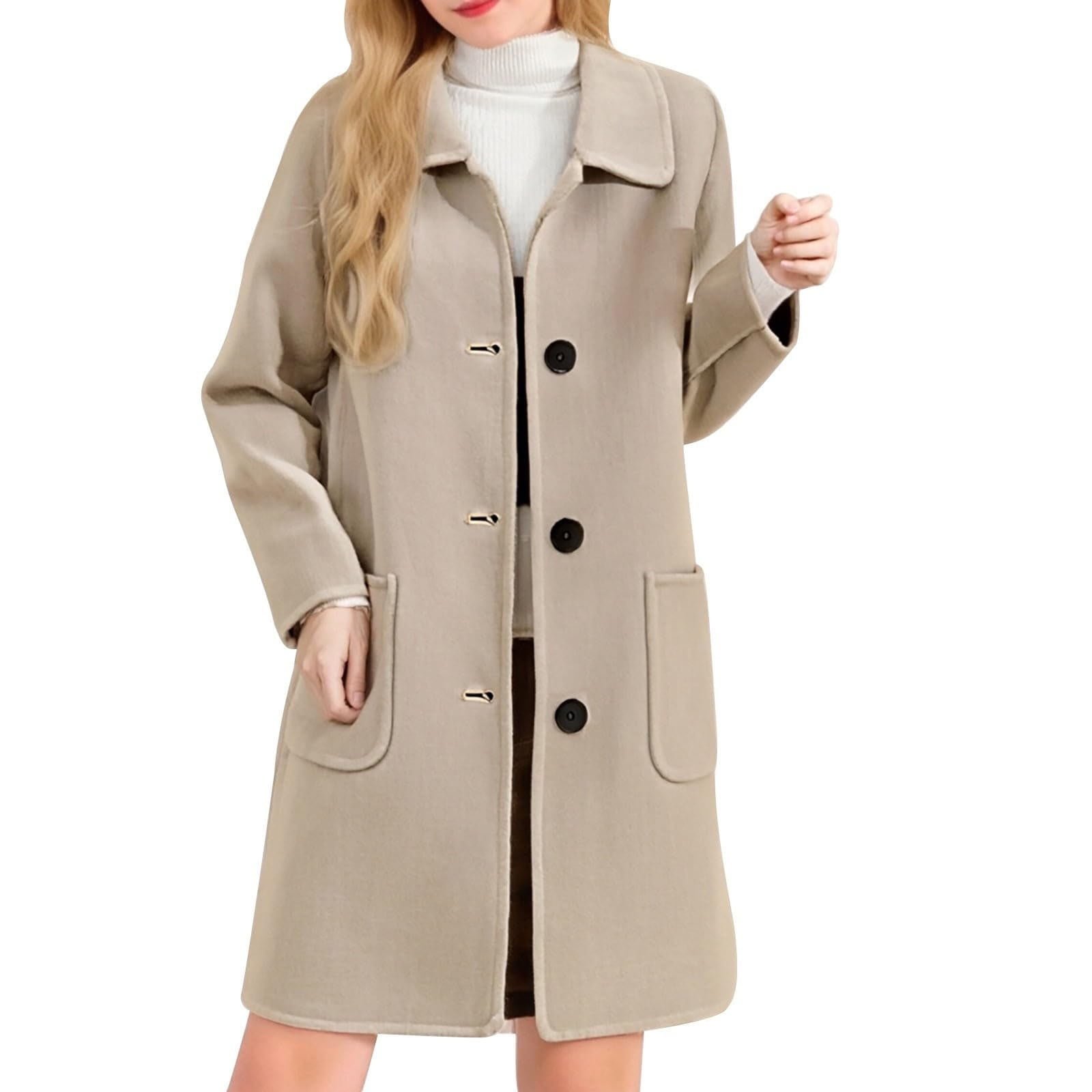 Women's Button Up Woolen Coat Mid Length Classic Style Outerwear for Autumn and Winter White