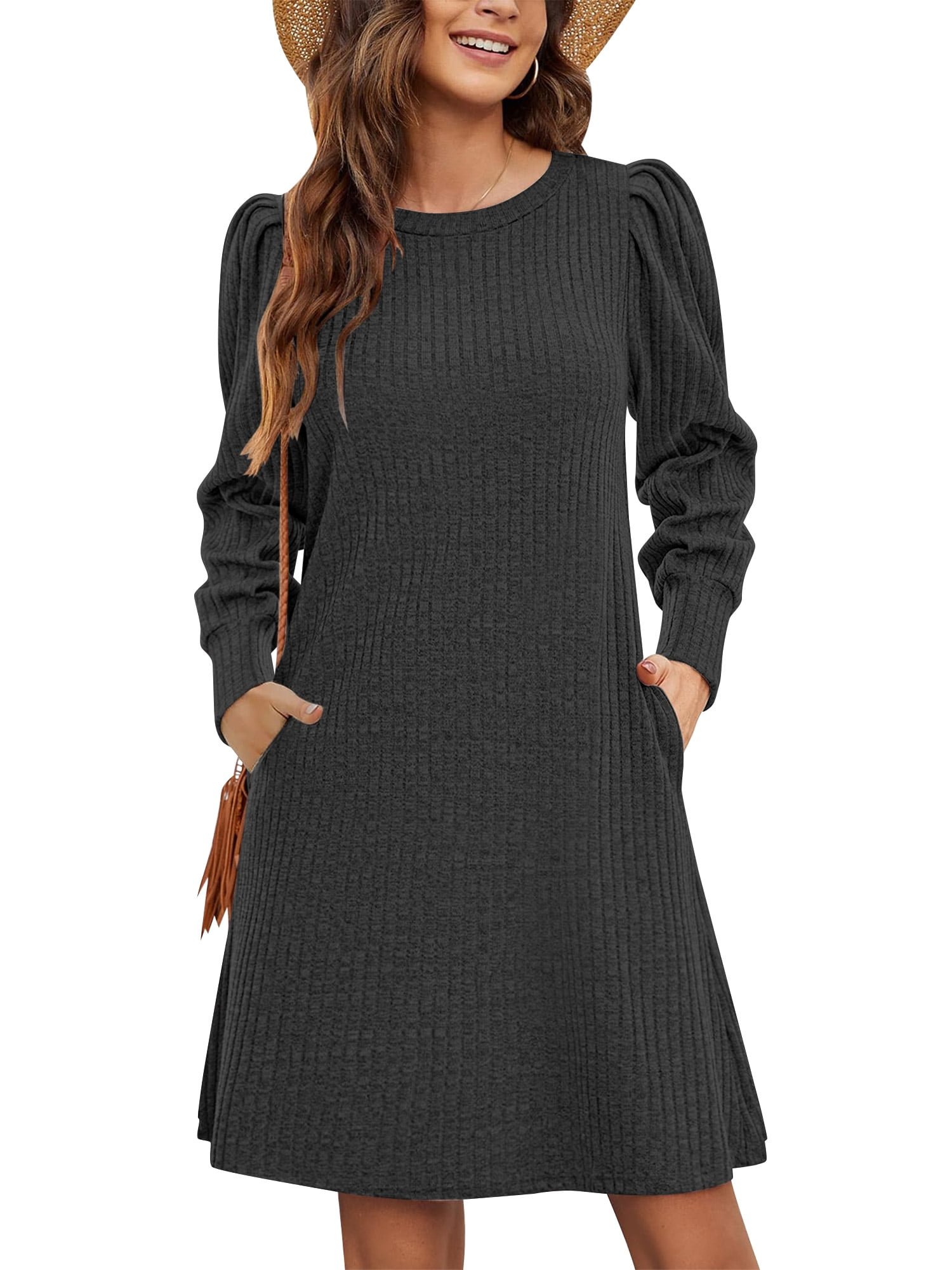 Women Knit Sweater Dress Puff Long Sleeve Dress for Fall Winter Round Neck Casual Tunic Dress with Pockets