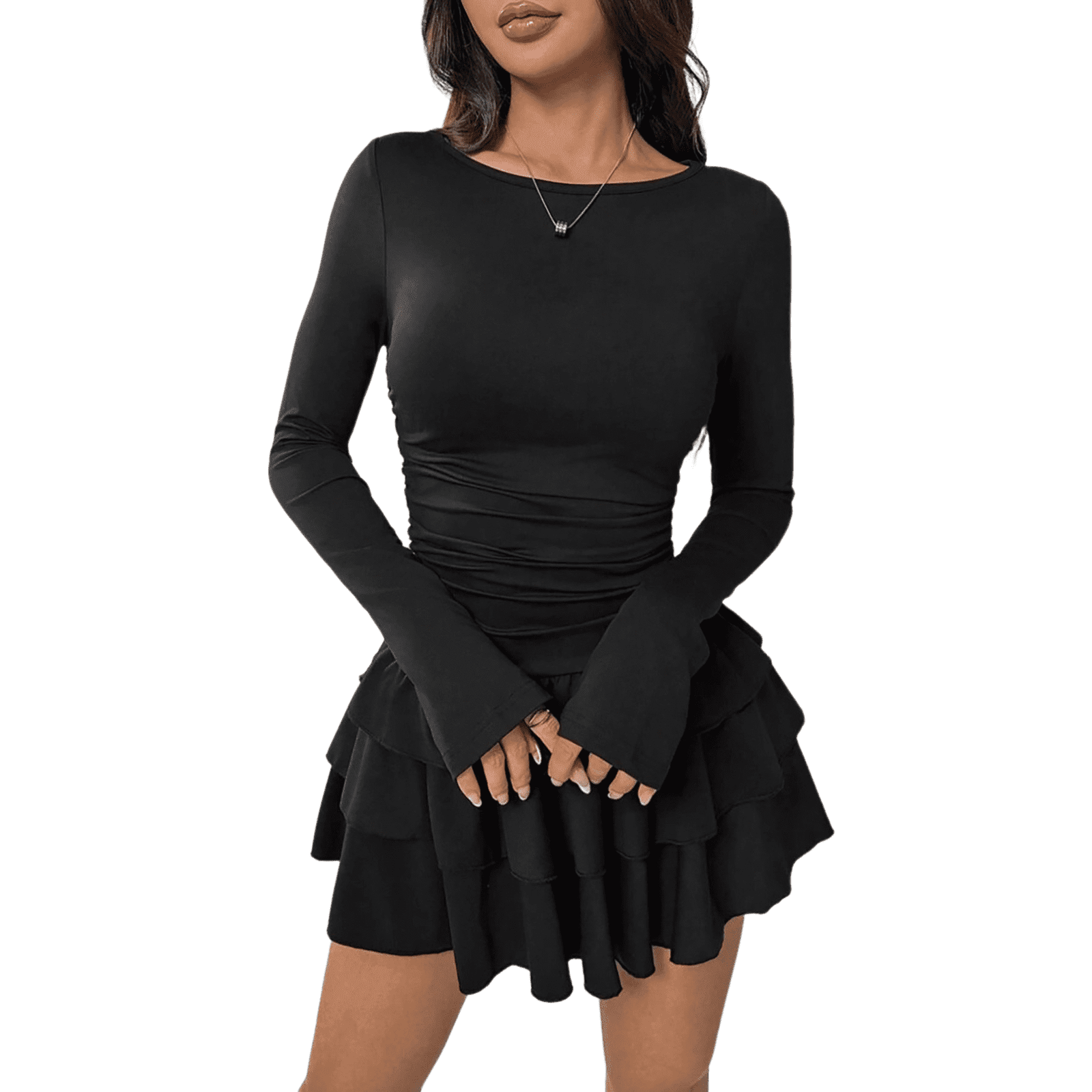 Women autumn and winter solid color slim simple temperament long-sleeved pleated ruffle dress, size XS-XL