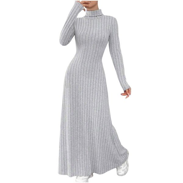 Women's Fall Winter Slim-Fit High-Neck Knit Maxi Dresses Casual Solid-Color Long Sleeve Slim Fit Flowy Sweater Dress