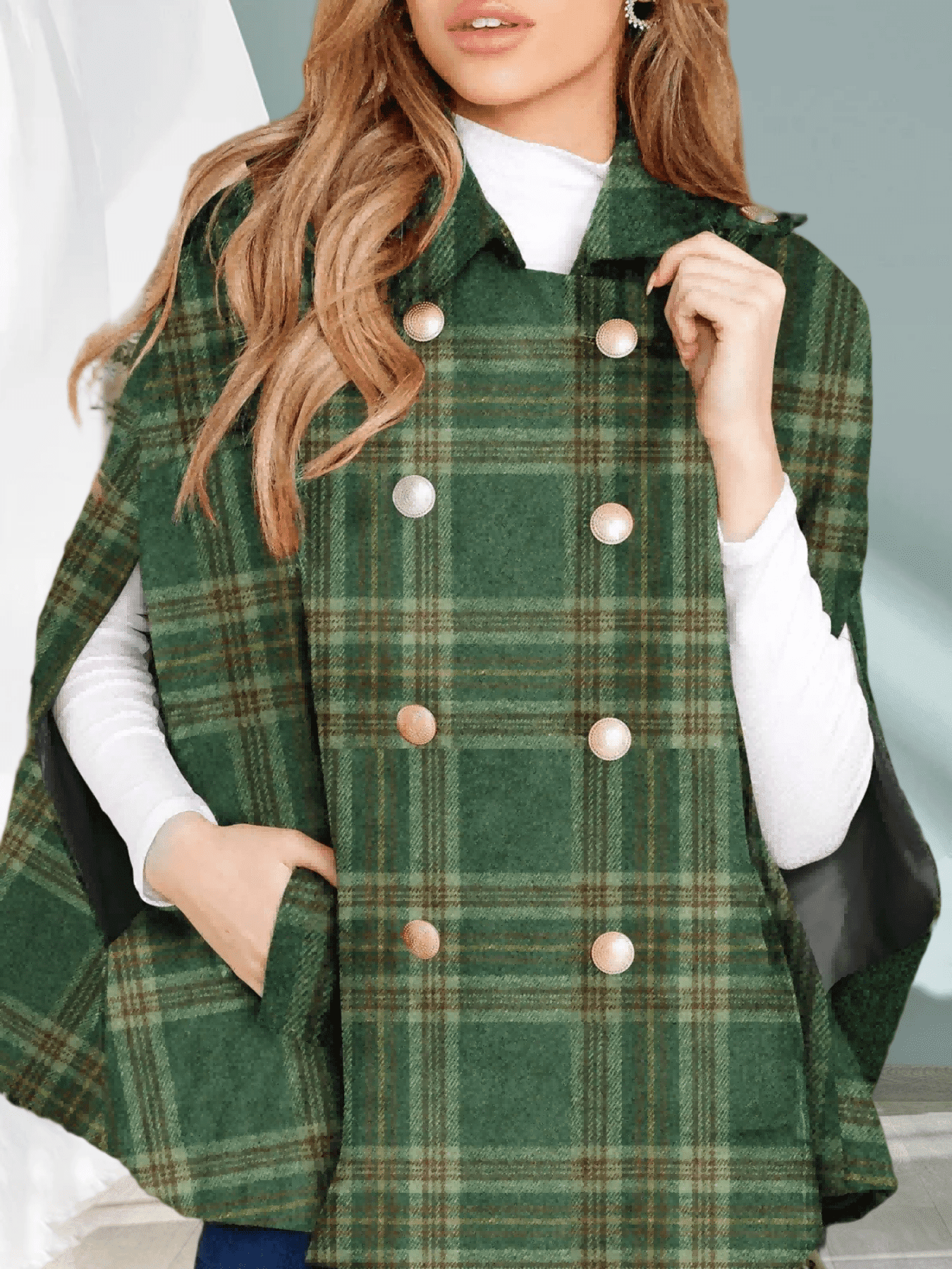 Women's Winter Autumn Coat Plaid Cape Double Breasted Poncho Jacket with Pockets Open Front Tunic Style Outerwear