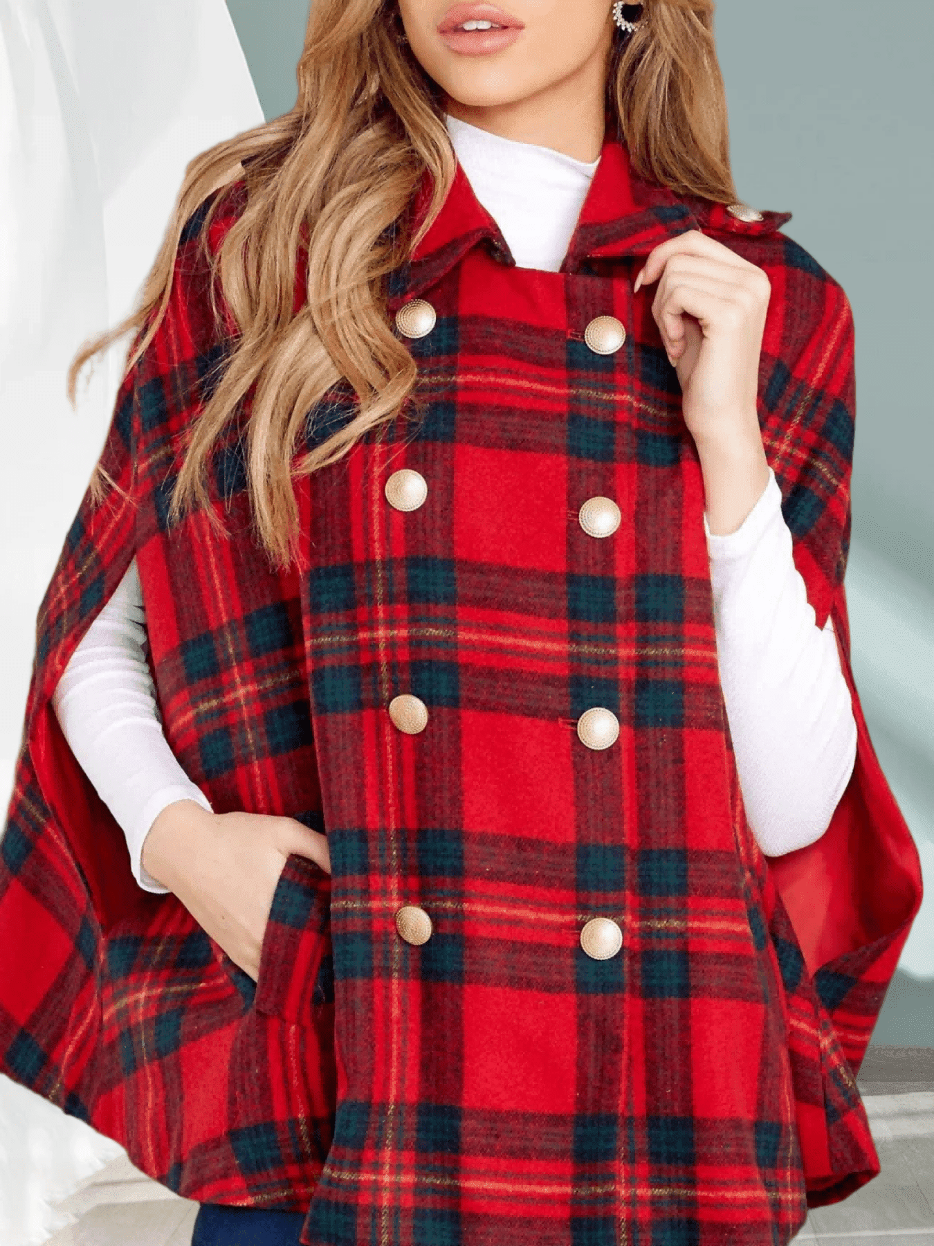 Women's Winter Autumn Coat Plaid Cape Double Breasted Poncho Jacket with Pockets Open Front Tunic Style Outerwear