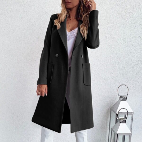 Autumn and Winter Long Candy Color Lapel Pocket Woolen Coat(Black,L)