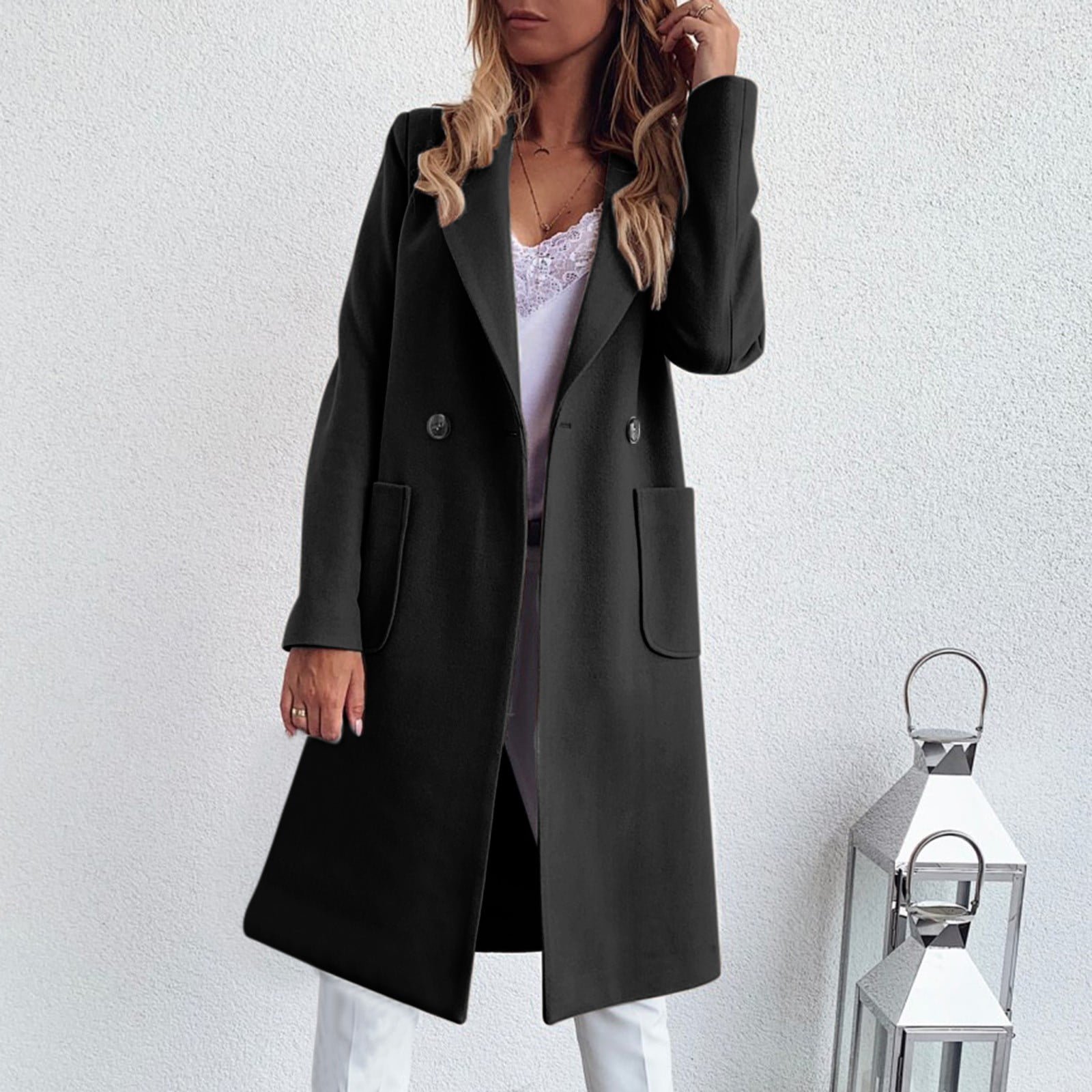 Autumn and Winter Long Candy Color Lapel Pocket Woolen Coat(Black,L)