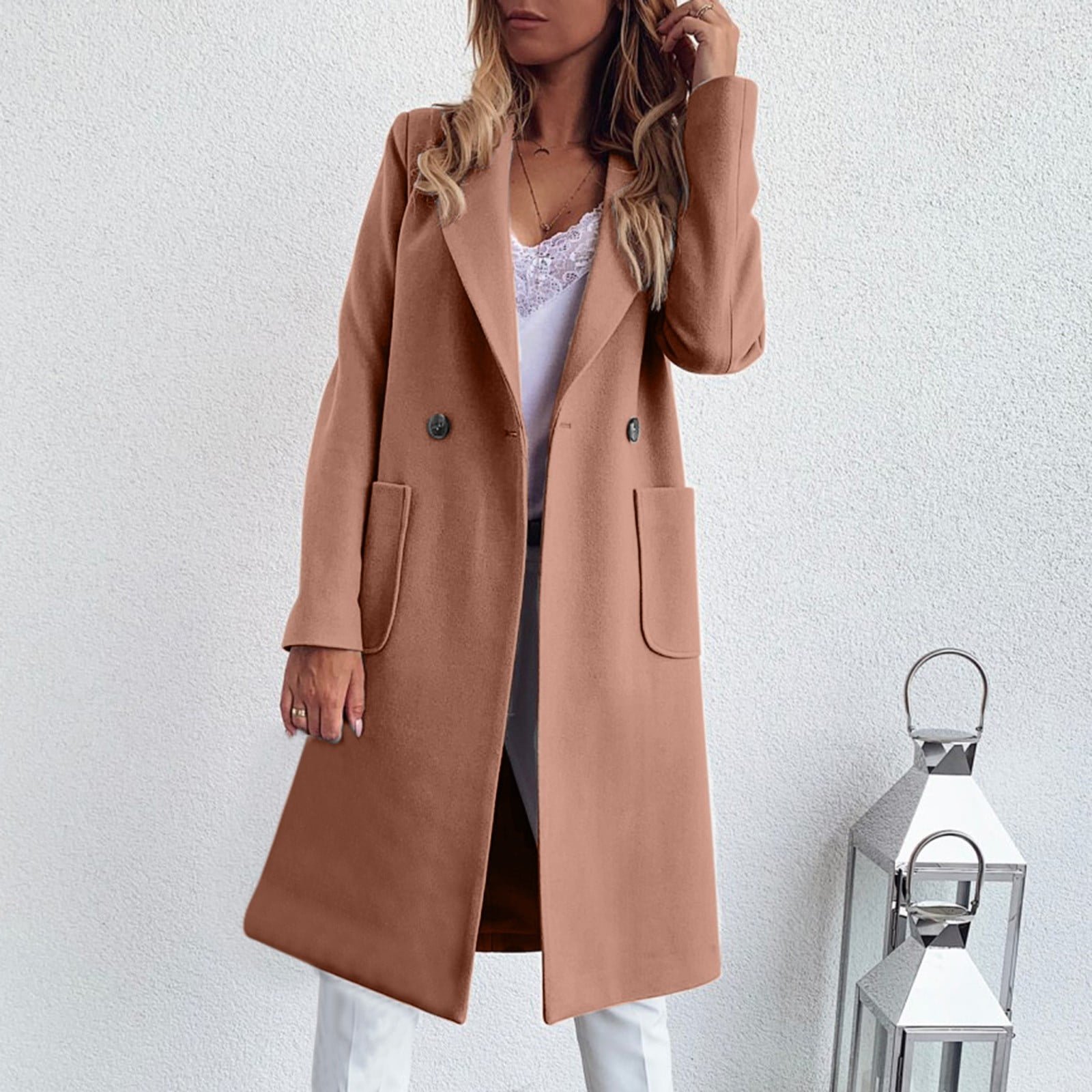 Autumn and Winter Long Candy Color Lapel Pocket Woolen Coat(Khaki,Xxl)