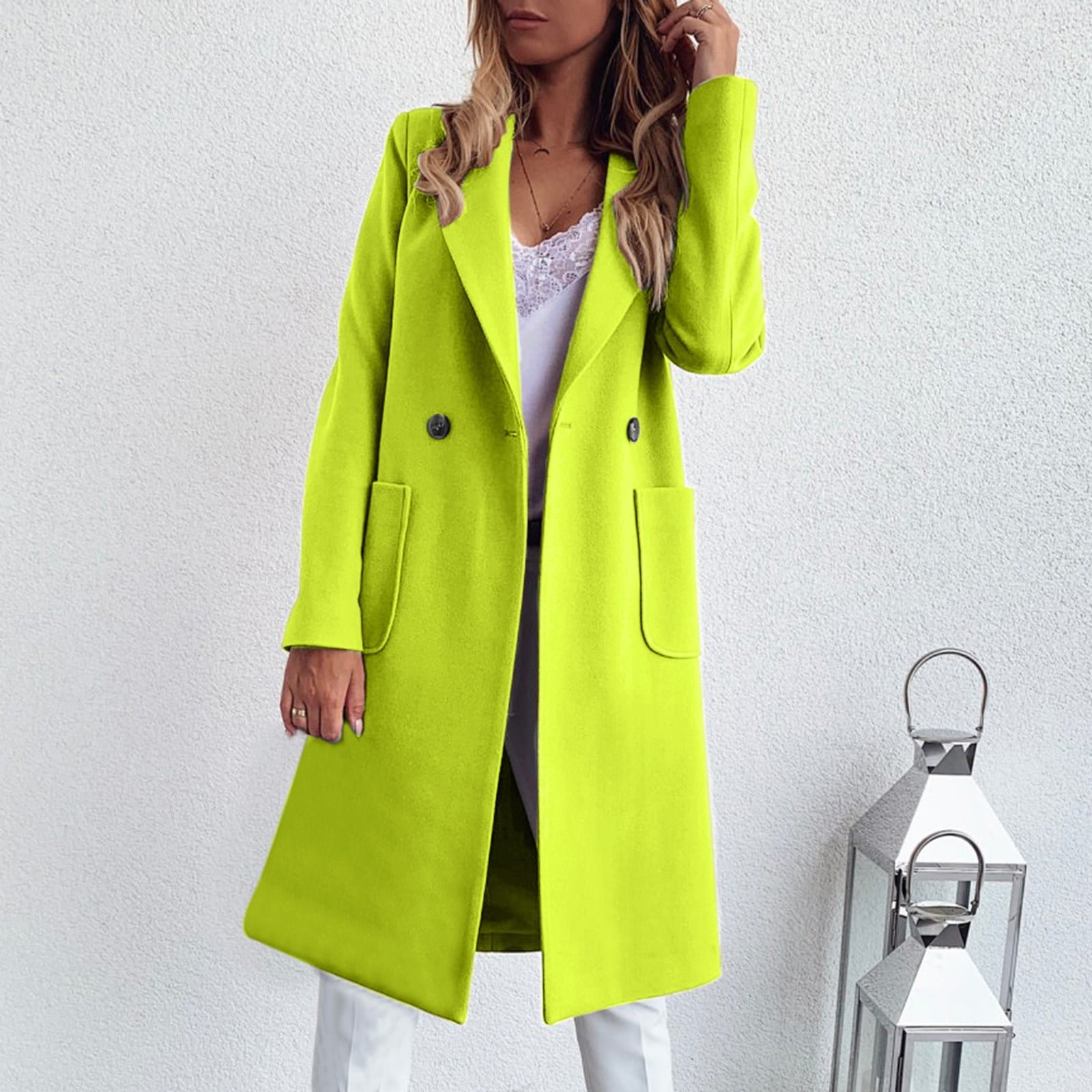 Autumn and Winter Long Candy Color Lapel Pocket Woolen Coat(Yellow,Xxl)